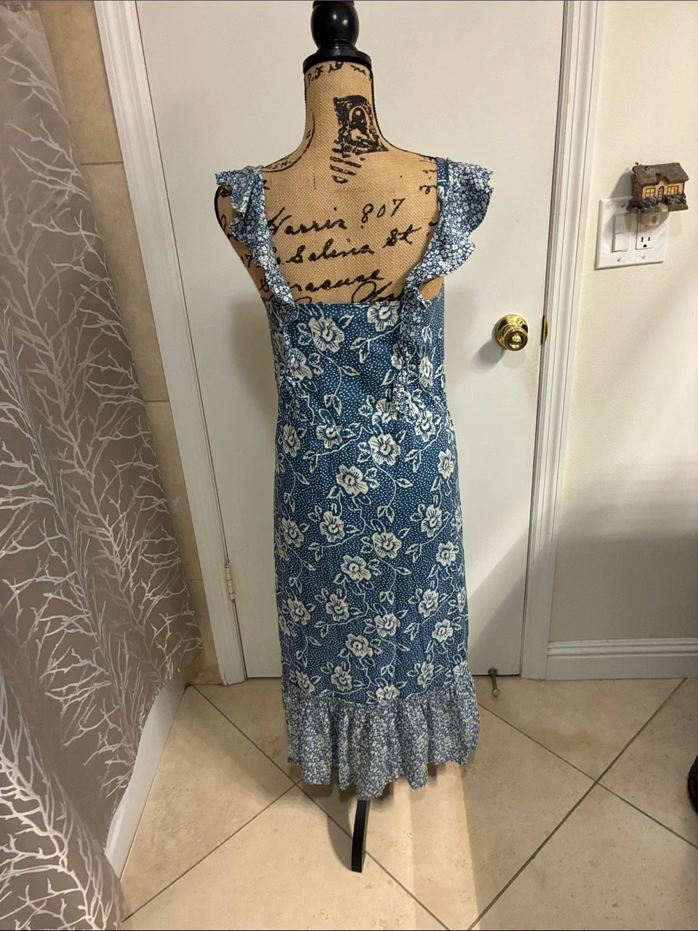PAIGE Blue and White Floral Maxi Dress with Ruffle Hem Sz S